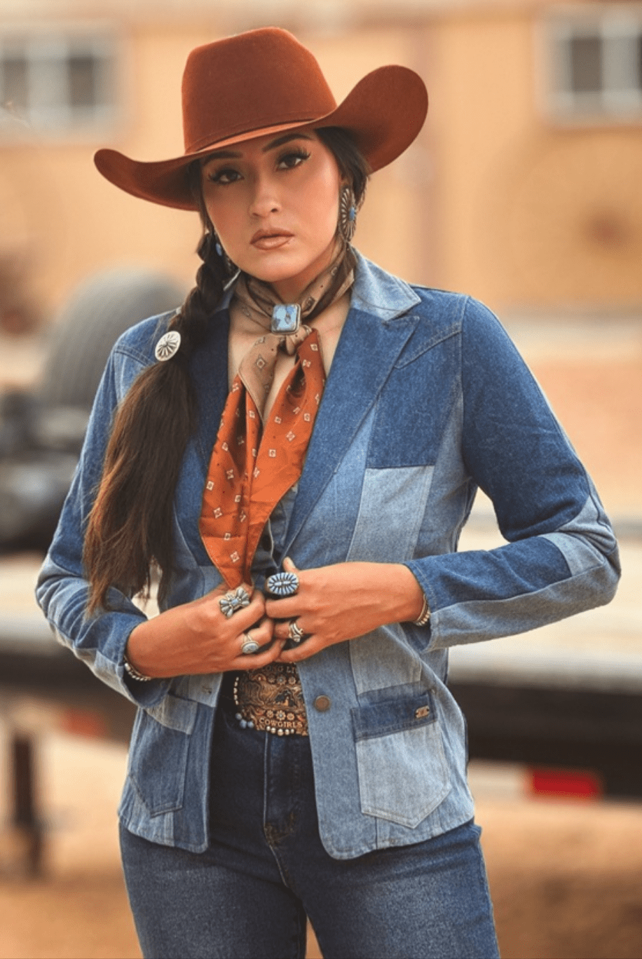 Mulit Denim Patchwork Blazer W Front Pockets - Cowhide and Conchos