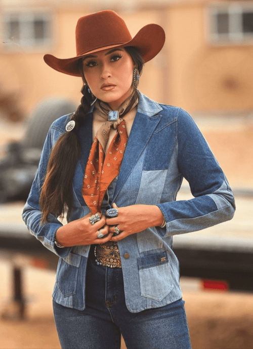 Mulit Denim Patchwork Blazer W Front Pockets - Cowhide and Conchos