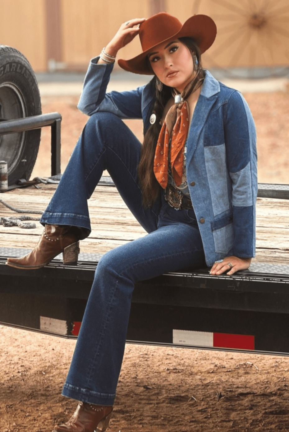 Mulit Denim Patchwork Blazer W Front Pockets - Cowhide and Conchos