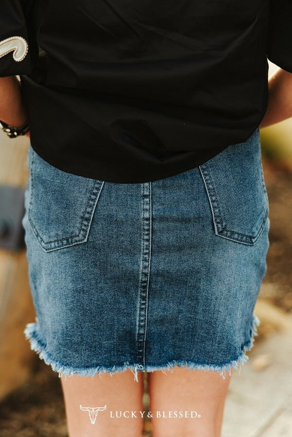 Nashville High - Rise Raw Hem Western Denim Skirt - Cowhide and Conchos
