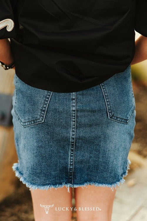 Nashville High - Rise Raw Hem Western Denim Skirt - Cowhide and Conchos