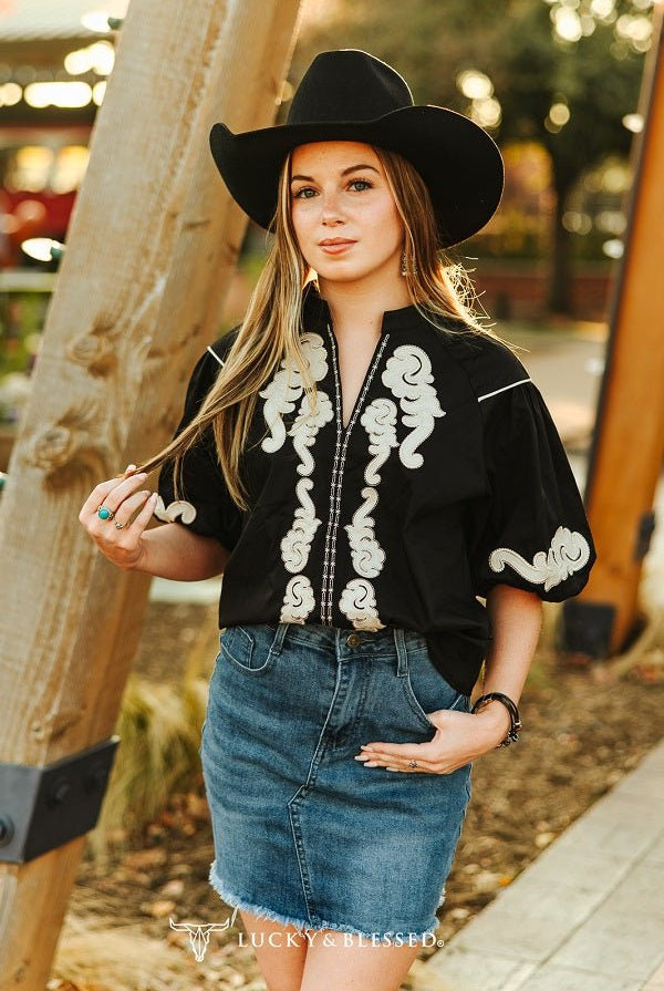 Nashville High - Rise Raw Hem Western Denim Skirt - Cowhide and Conchos