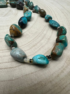 Natural Turquoise Nuggets & Shells Necklace - 27 inch - Cowhide and Conchos
