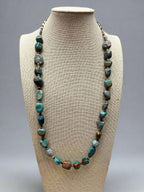 Natural Turquoise Nuggets & Shells Necklace - 27 inch - Cowhide and Conchos
