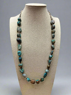 Natural Turquoise Nuggets & Shells Necklace - 27 inch - Cowhide and Conchos