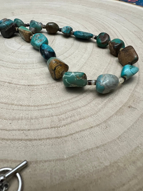 Natural Turquoise Nuggets & Shells Necklace - 27 inch - Cowhide and Conchos