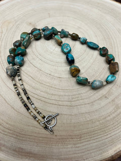 Natural Turquoise Nuggets & Shells Necklace - 27 inch - Cowhide and Conchos