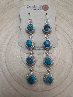 Navajo Handmade Kingman Turquoise Earrings by Donovan Nez - Cowhide and Conchos