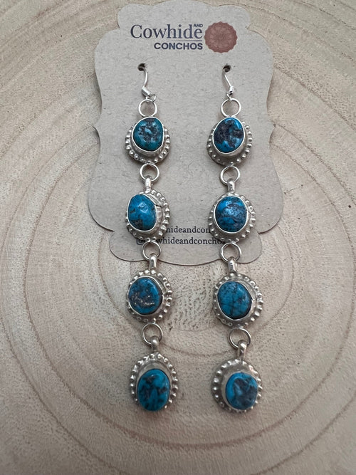 Navajo Handmade Kingman Turquoise Earrings by Donovan Nez - Cowhide and Conchos