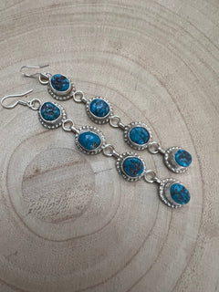 Navajo Handmade Kingman Turquoise Earrings by Donovan Nez - Cowhide and Conchos