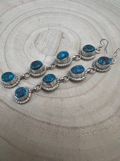 Navajo Handmade Kingman Turquoise Earrings by Donovan Nez - Cowhide and Conchos