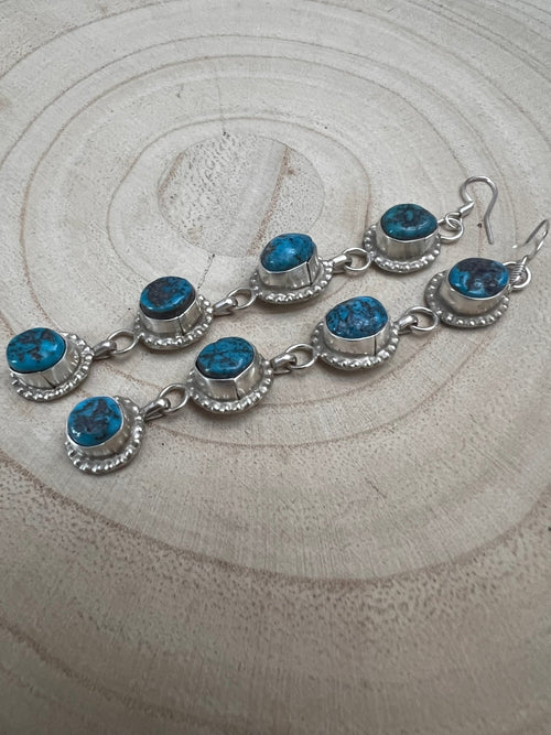 Navajo Handmade Kingman Turquoise Earrings by Donovan Nez - Cowhide and Conchos