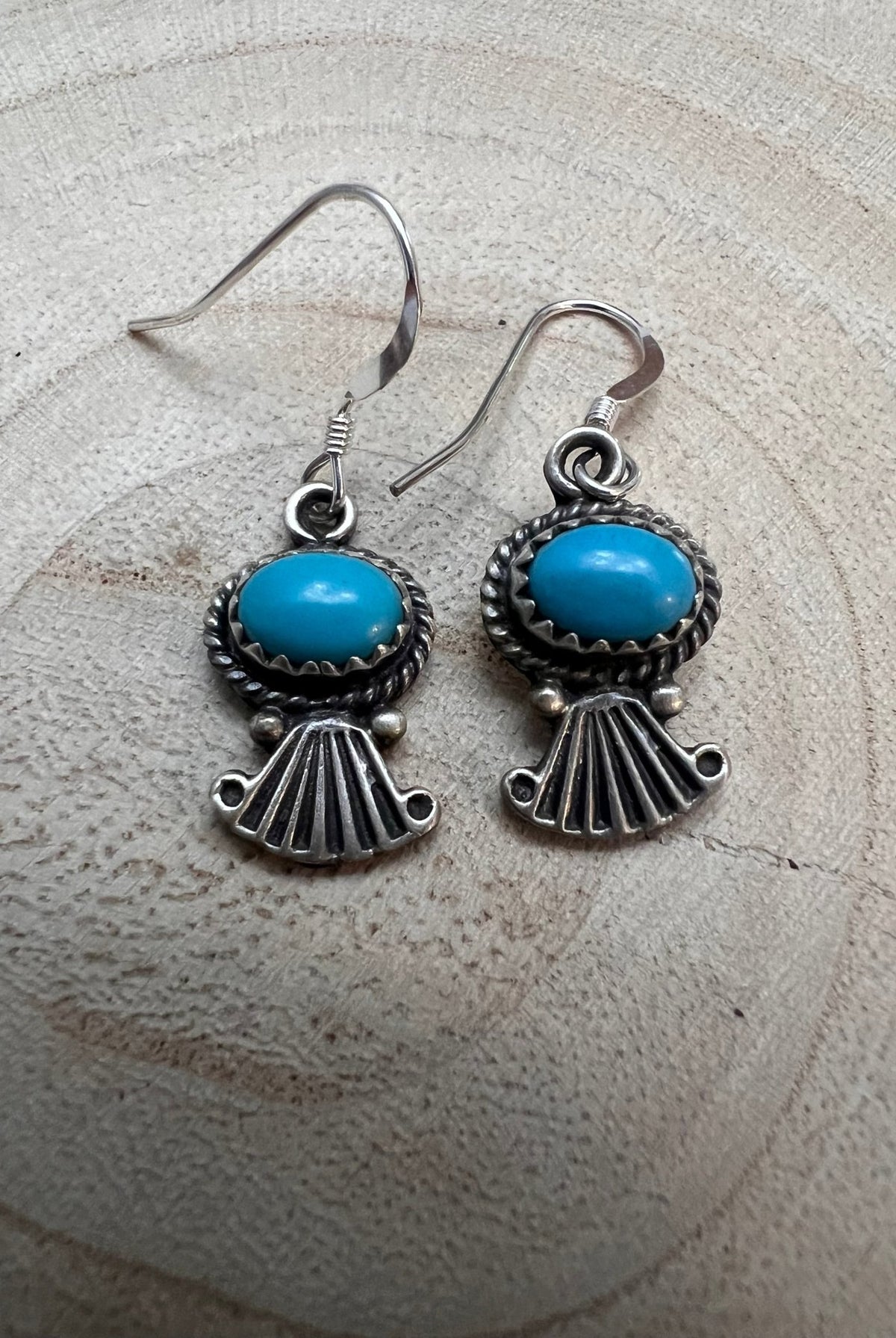 Navajo Handmade Kingman Turquoise Earrings by Sharon McCarthy - Cowhide and Conchos