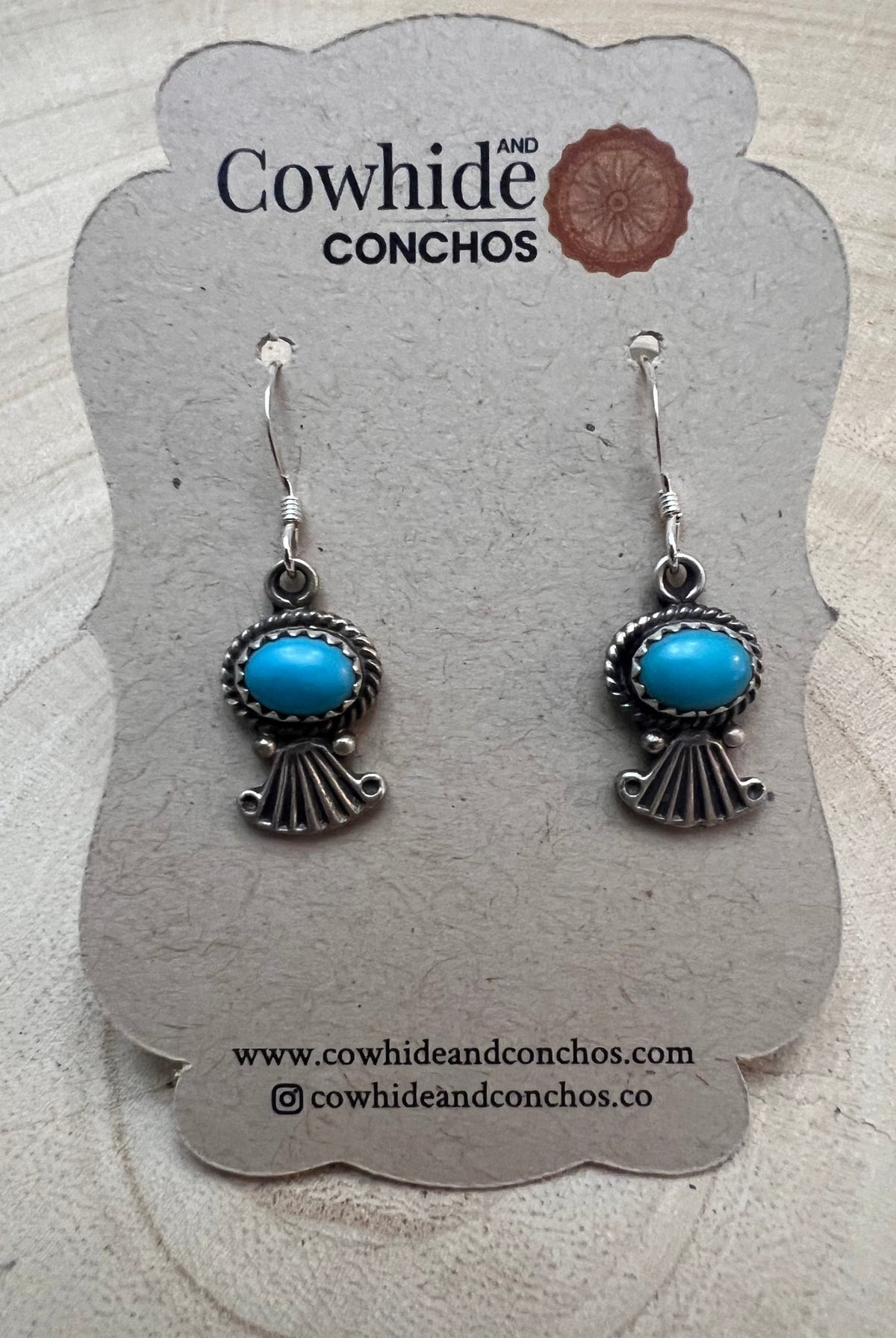 Navajo Handmade Kingman Turquoise Earrings by Sharon McCarthy - Cowhide and Conchos
