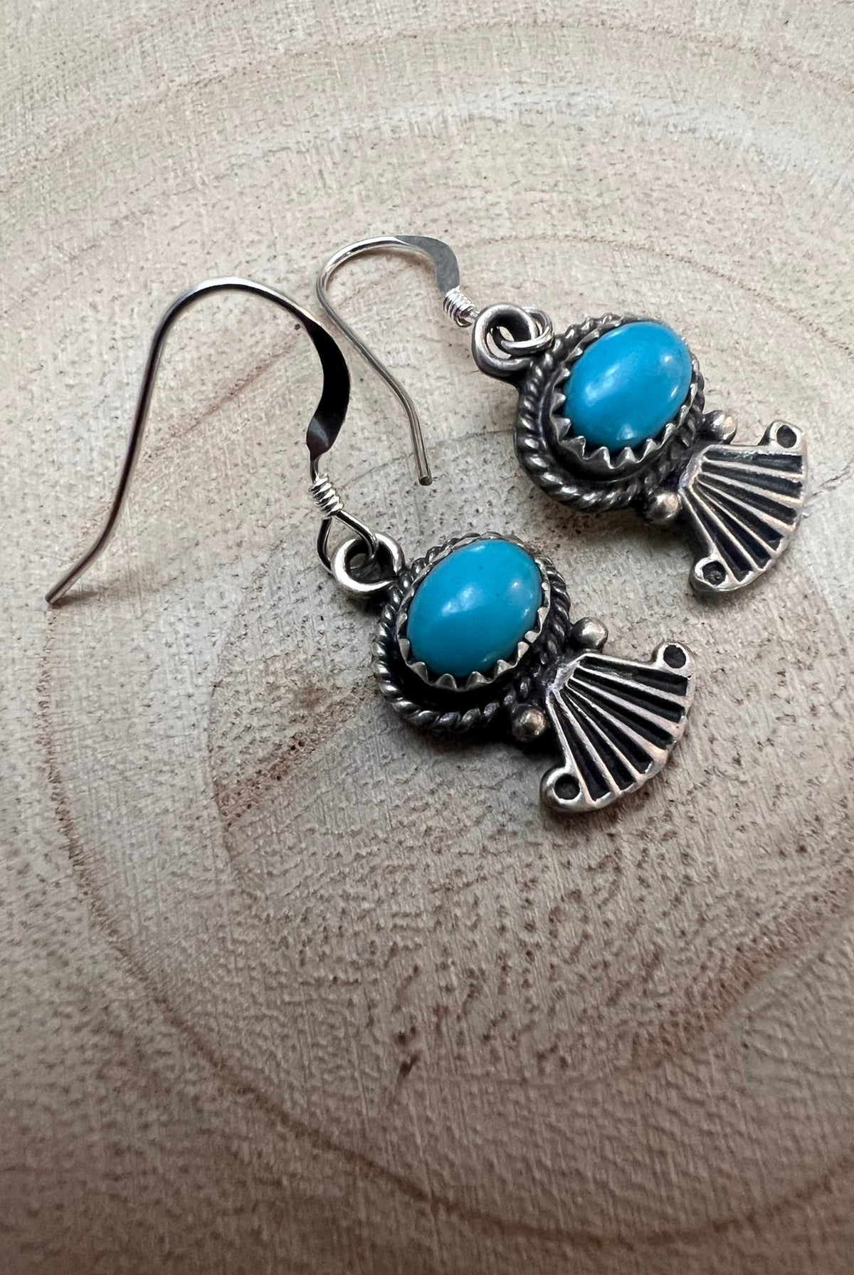 Navajo Handmade Kingman Turquoise Earrings by Sharon McCarthy - Cowhide and Conchos