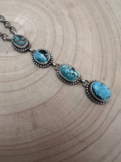 Navajo Handmade Kingman Turquoise Lariat Necklace by Lorenzo Juan - 20 inch - Cowhide and Conchos
