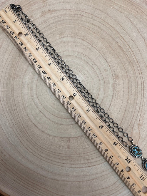 Navajo Handmade Kingman Turquoise Lariat Necklace by Lorenzo Juan - 20 inch - Cowhide and Conchos