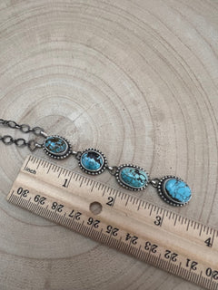 Navajo Handmade Kingman Turquoise Lariat Necklace by Lorenzo Juan - 20 inch - Cowhide and Conchos