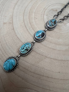 Navajo Handmade Kingman Turquoise Lariat Necklace by Lorenzo Juan - 20 inch - Cowhide and Conchos