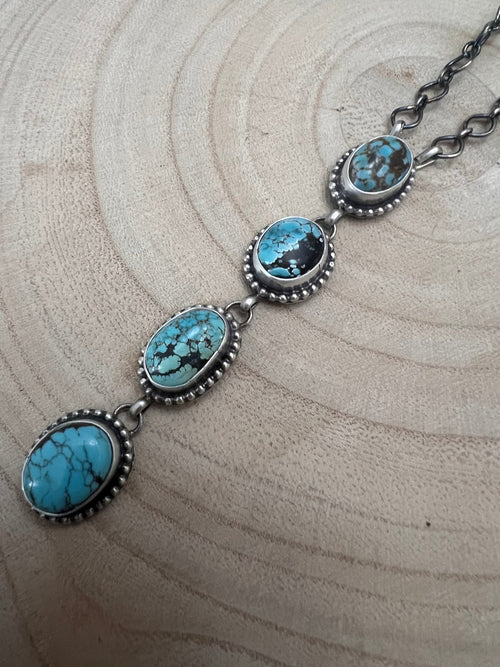 Navajo Handmade Kingman Turquoise Lariat Necklace by Lorenzo Juan - 20 inch - Cowhide and Conchos