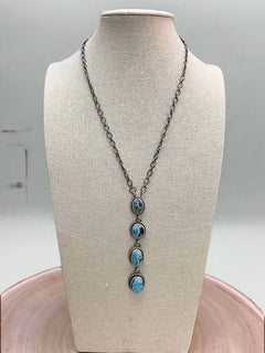 Navajo Handmade Kingman Turquoise Lariat Necklace by Lorenzo Juan - 20 inch - Cowhide and Conchos