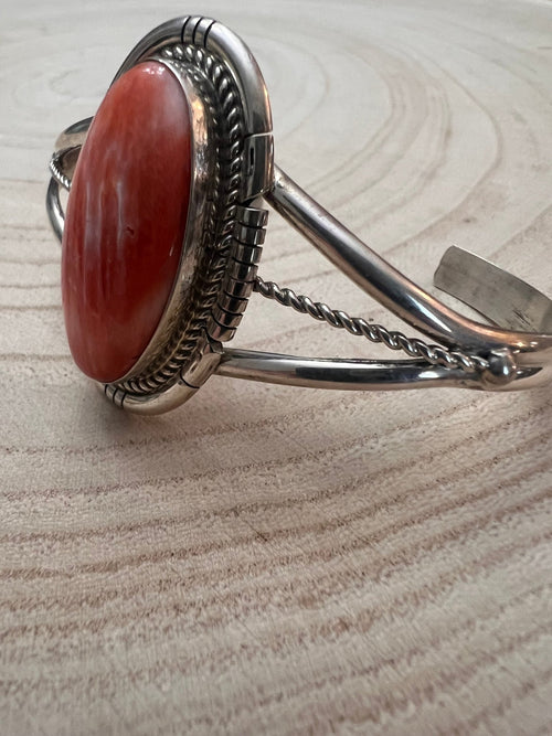 Navajo Handmade Spiny Oyster Bracelet by Dave Skeets - Cowhide and Conchos