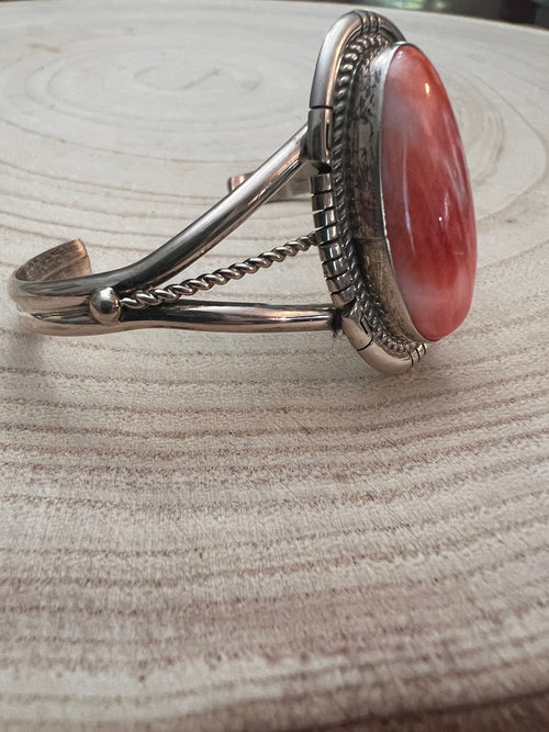 Navajo Handmade Spiny Oyster Bracelet by Dave Skeets - Cowhide and Conchos