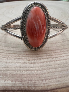 Navajo Handmade Spiny Oyster Bracelet by Dave Skeets - Cowhide and Conchos