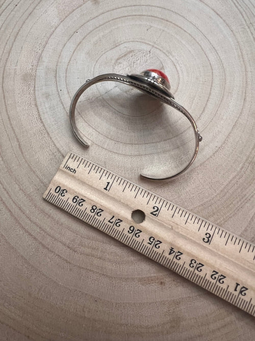 Navajo Handmade Spiny Oyster Bracelet by Dave Skeets - Cowhide and Conchos