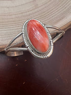 Navajo Handmade Spiny Oyster Bracelet by Dave Skeets - Cowhide and Conchos