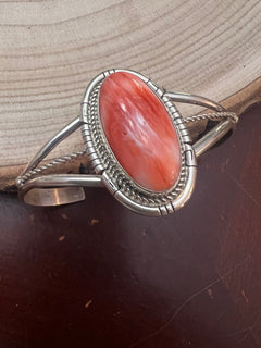Navajo Handmade Spiny Oyster Bracelet by Dave Skeets - Cowhide and Conchos