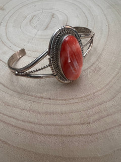 Navajo Handmade Spiny Oyster Bracelet by Dave Skeets - Cowhide and Conchos