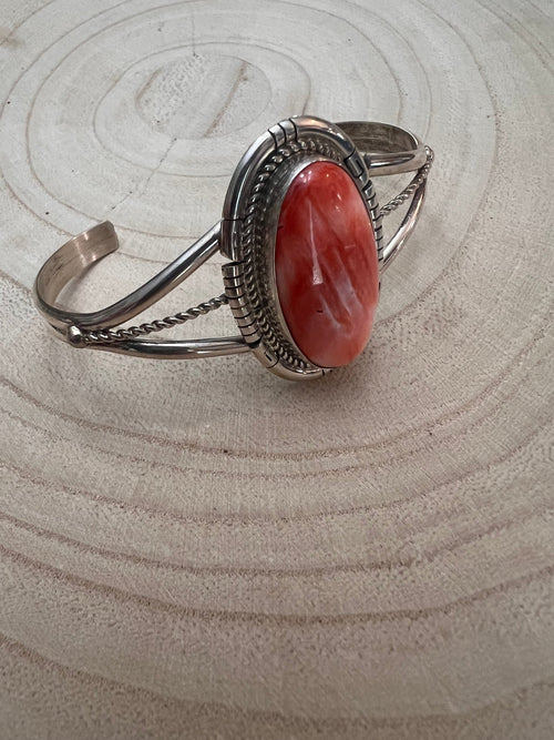 Navajo Handmade Spiny Oyster Bracelet by Dave Skeets - Cowhide and Conchos