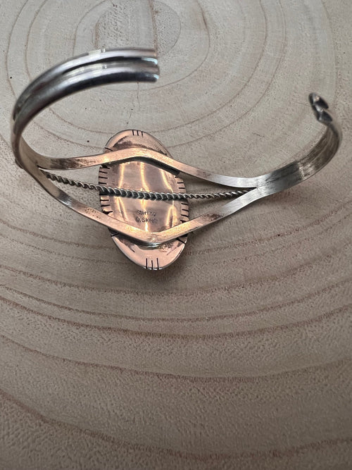 Navajo Handmade Spiny Oyster Bracelet by Dave Skeets - Cowhide and Conchos