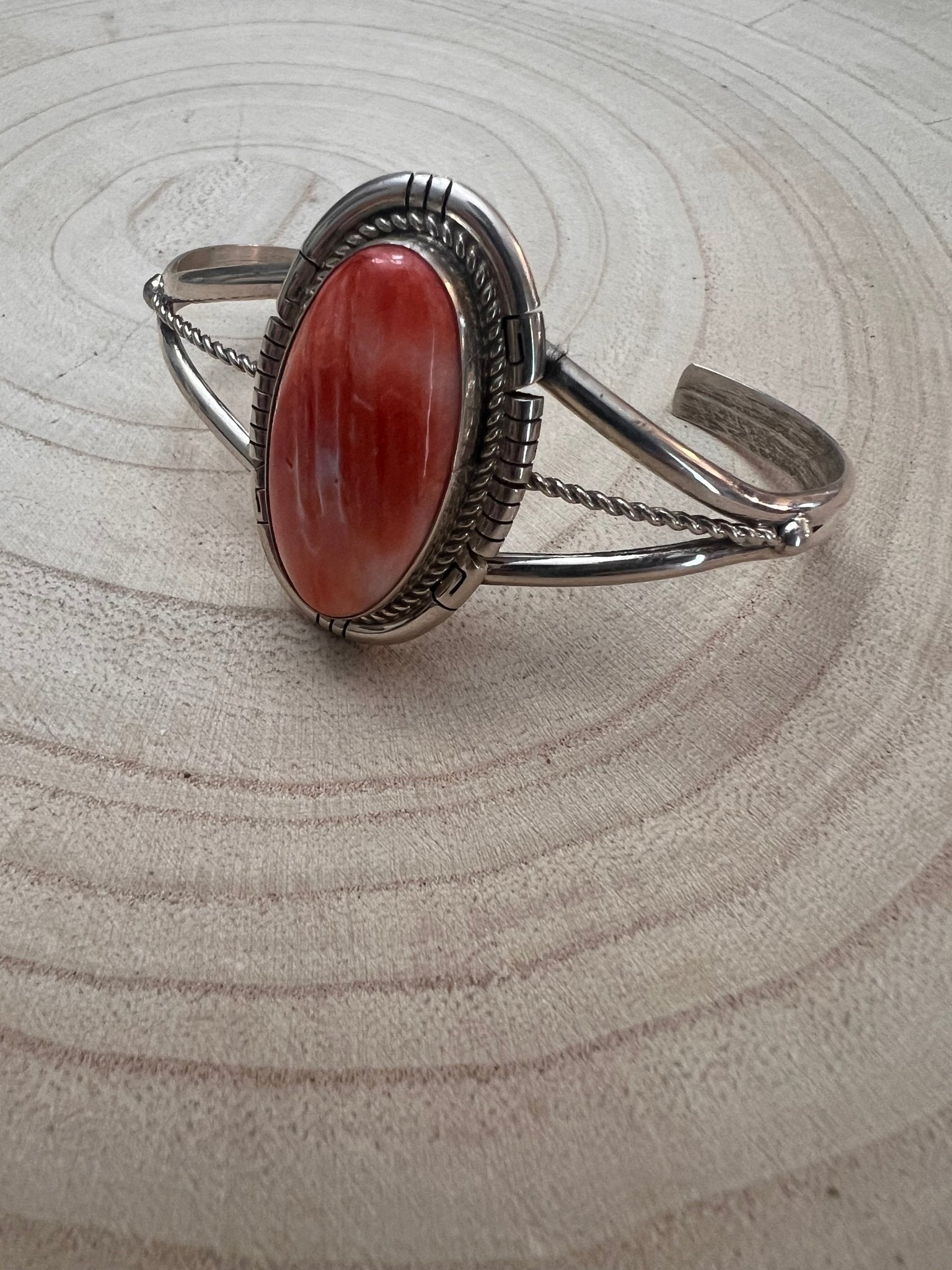 Navajo Handmade Spiny Oyster Bracelet by Dave Skeets - Cowhide and Conchos