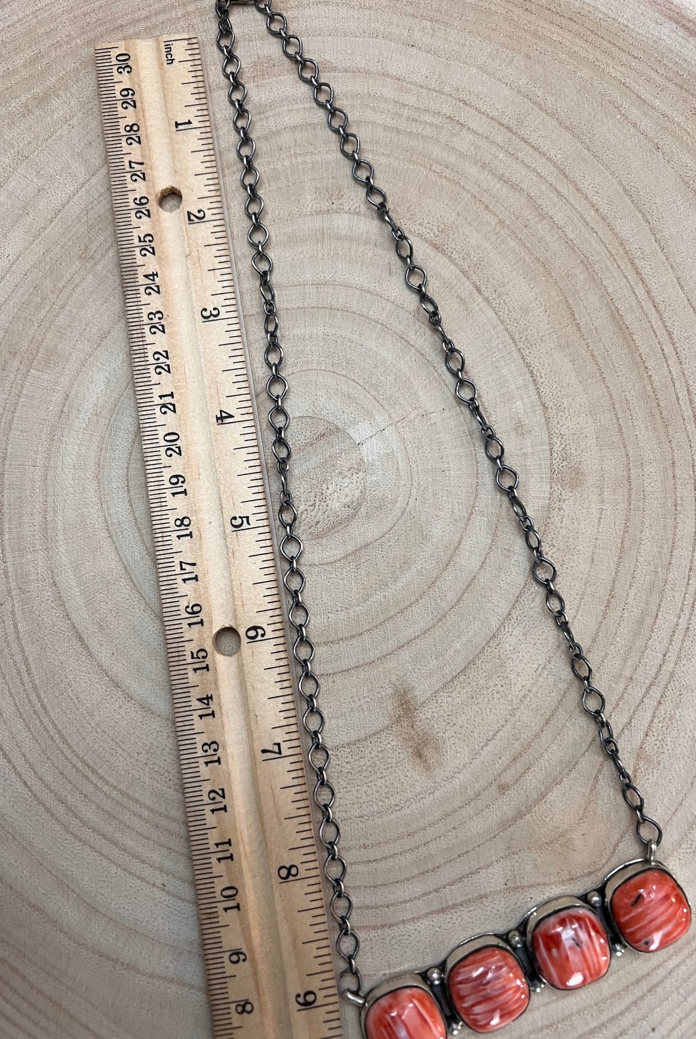Navajo Handmade Spiny Oyster Necklace by Tia Long - 18 inch - Cowhide and Conchos