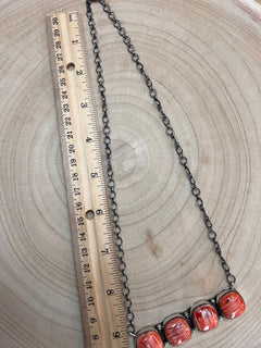 Navajo Handmade Spiny Oyster Necklace by Tia Long - 18 inch - Cowhide and Conchos