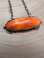 Navajo Handmade Spiny Oyster Necklace by Tia Long - 18 inch - Cowhide and Conchos