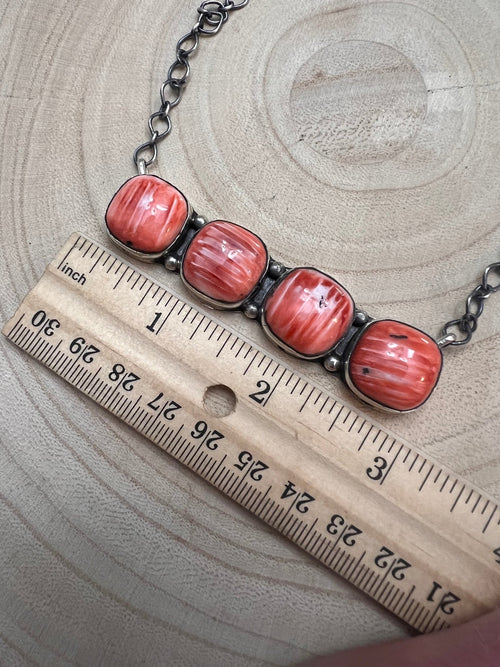 Navajo Handmade Spiny Oyster Necklace by Tia Long - 18 inch - Cowhide and Conchos