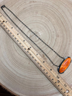 Navajo Handmade Spiny Oyster Necklace by Tia Long - 18 inch - Cowhide and Conchos