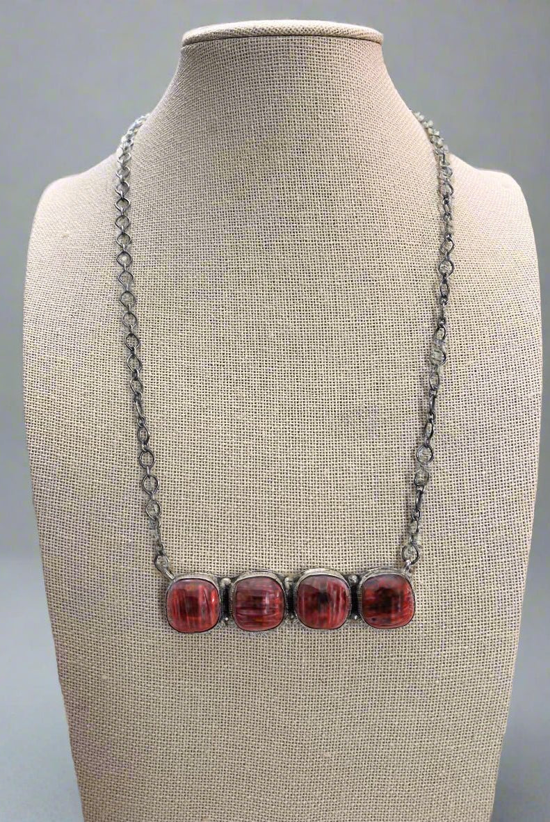 Navajo Handmade Spiny Oyster Necklace by Tia Long - 18 inch - Cowhide and Conchos