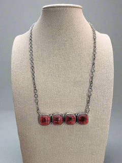 Navajo Handmade Spiny Oyster Necklace by Tia Long - 18 inch - Cowhide and Conchos