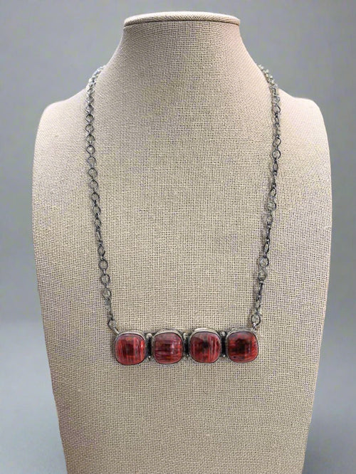 Navajo Handmade Spiny Oyster Necklace by Tia Long - 18 inch - Cowhide and Conchos