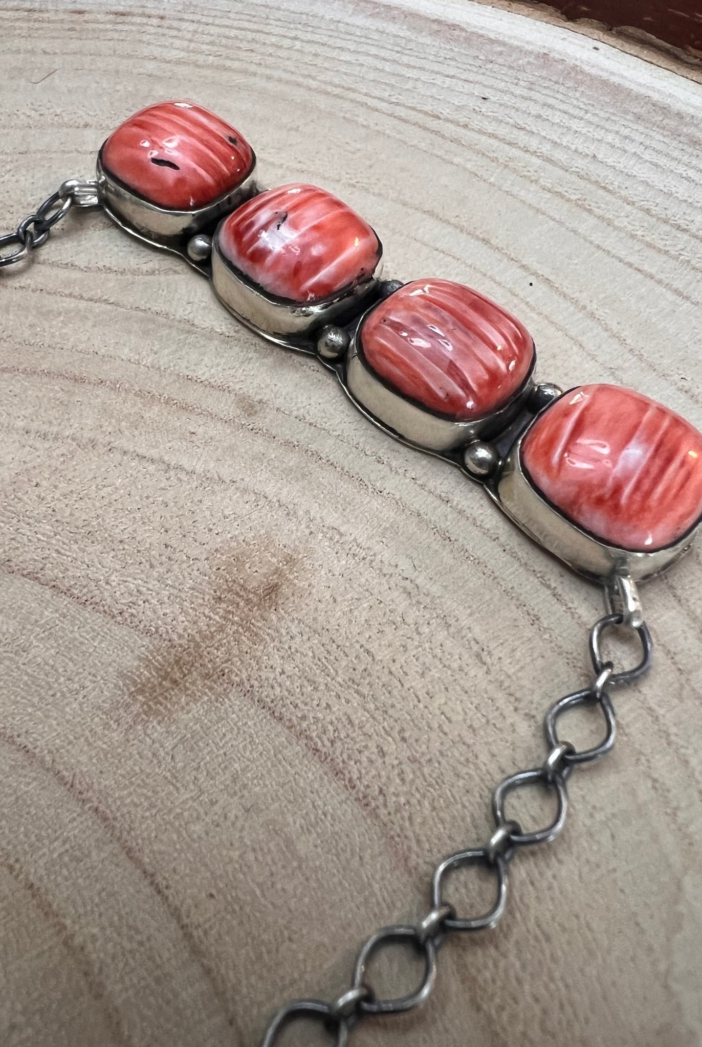 Navajo Handmade Spiny Oyster Necklace by Tia Long - 18 inch - Cowhide and Conchos