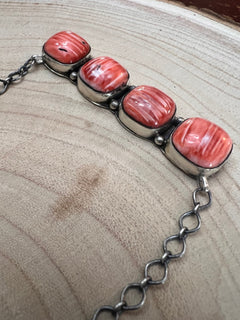 Navajo Handmade Spiny Oyster Necklace by Tia Long - 18 inch - Cowhide and Conchos