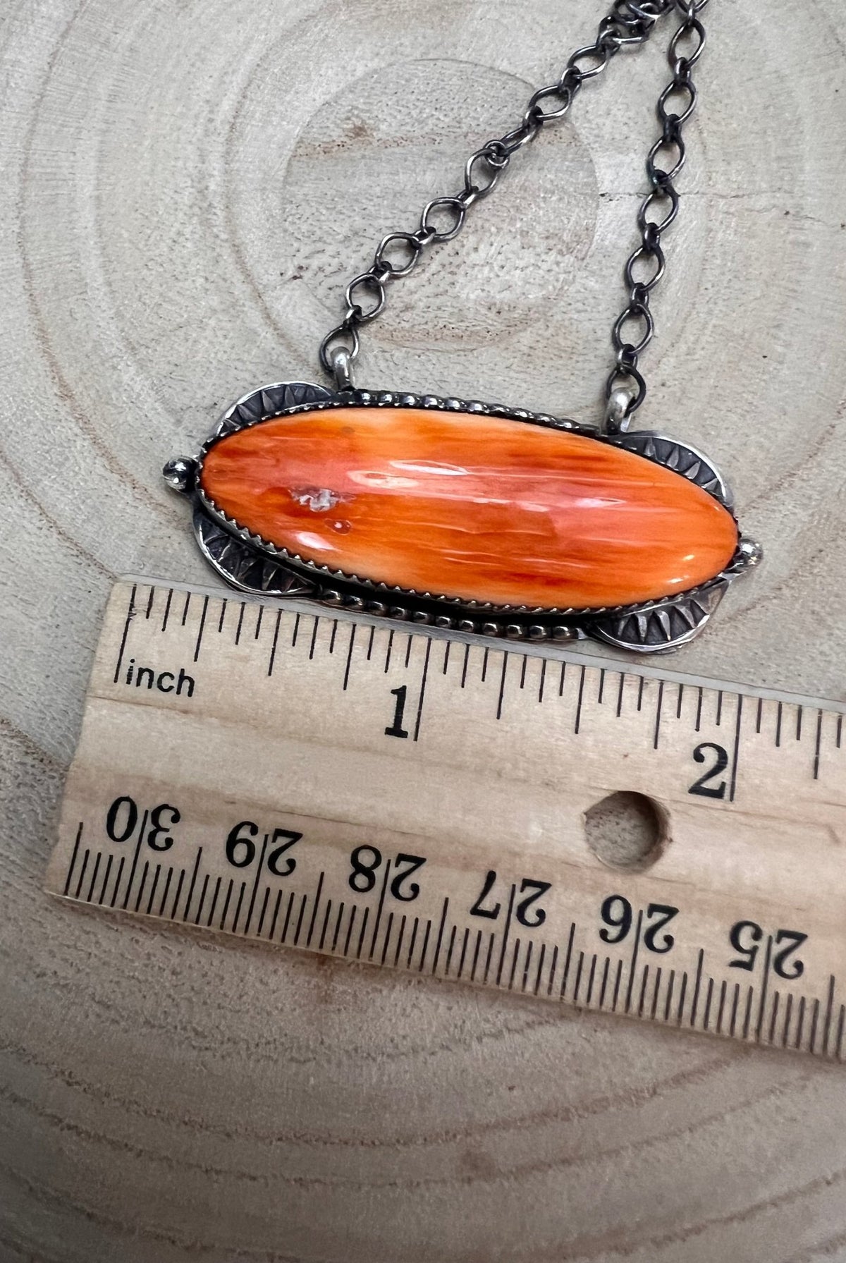 Navajo Handmade Spiny Oyster Necklace by Tia Long - 18 inch - Cowhide and Conchos