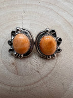 Navajo Handmade Spiny Oyster Post Earrings by Donovan Nez - Cowhide and Conchos