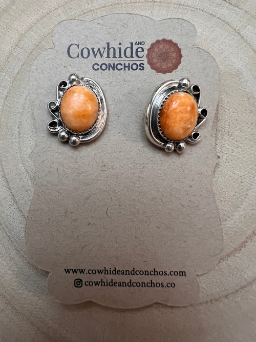 Navajo Handmade Spiny Oyster Post Earrings by Donovan Nez - Cowhide and Conchos