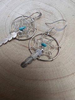 Navajo Handmade Sterling & Kingman Turquoise Dreamcatcher Earring - Cowhide and Conchos