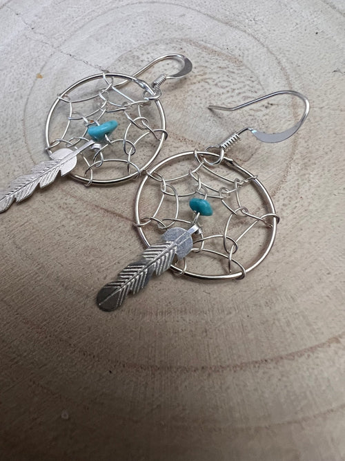 Navajo Handmade Sterling & Kingman Turquoise Dreamcatcher Earring - Cowhide and Conchos